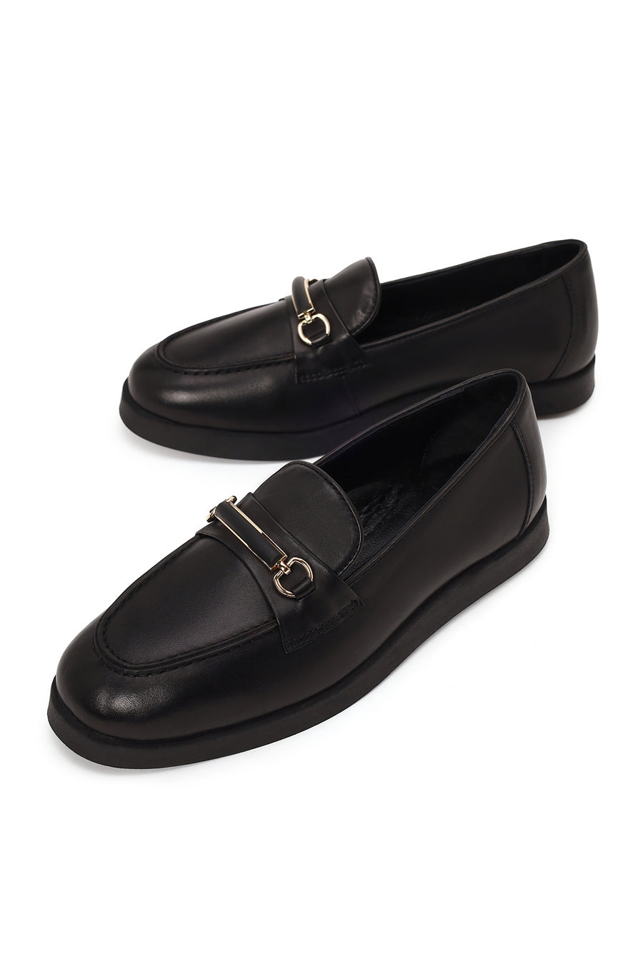 Kadın Siyah Tokalı Kalın Tabanlı Deri Konfor Loafer