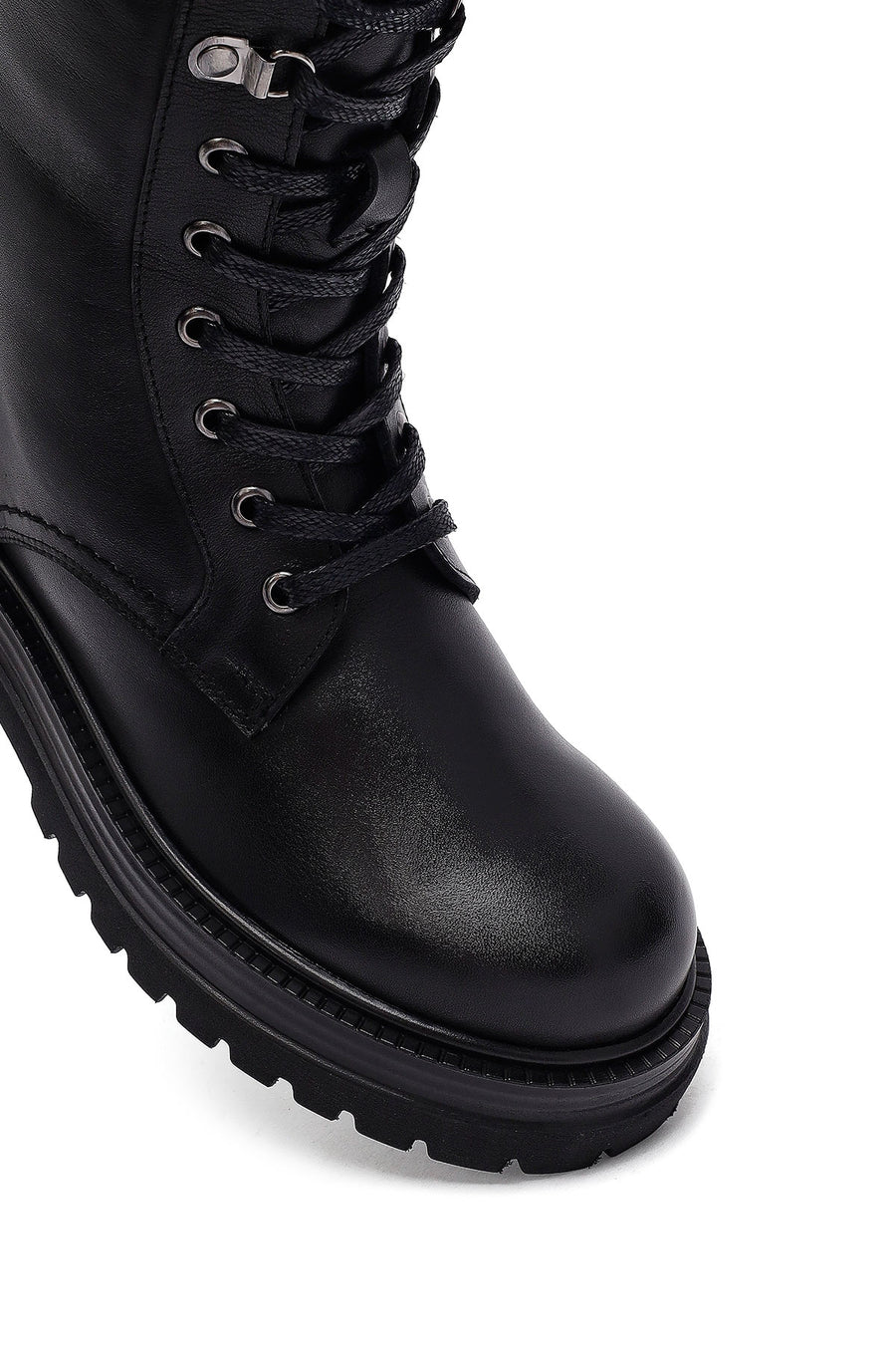 Woman Black Zip Closure Lace-Up Thick-Soled Leather Combat Boots
