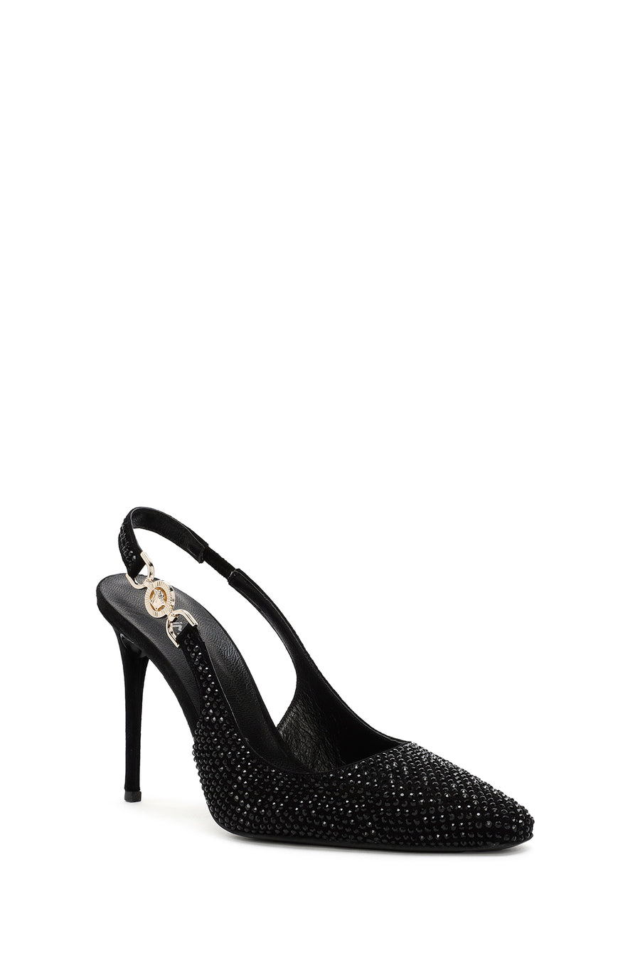 Women's Black Stoned Slingback Heeled Leather Shoes