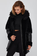 Virginia Women's Black Hooded Long Teddy Coat | Derimod