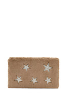 Women's Beige Long Chain Strap Star Pattern Plush Clutch Bag | Derimod