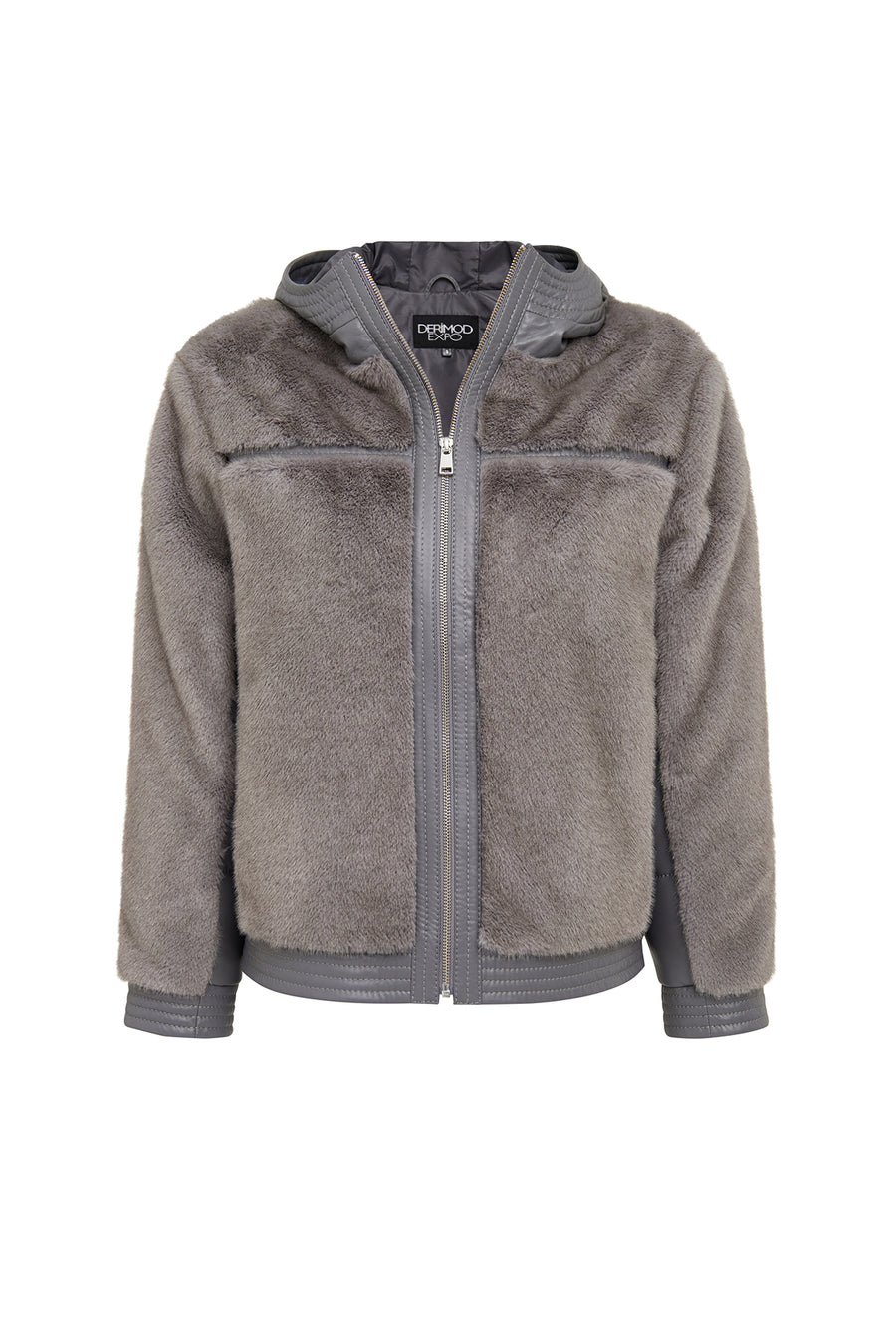 Prague Women's Grey Hooded Teddy Leather Jacket