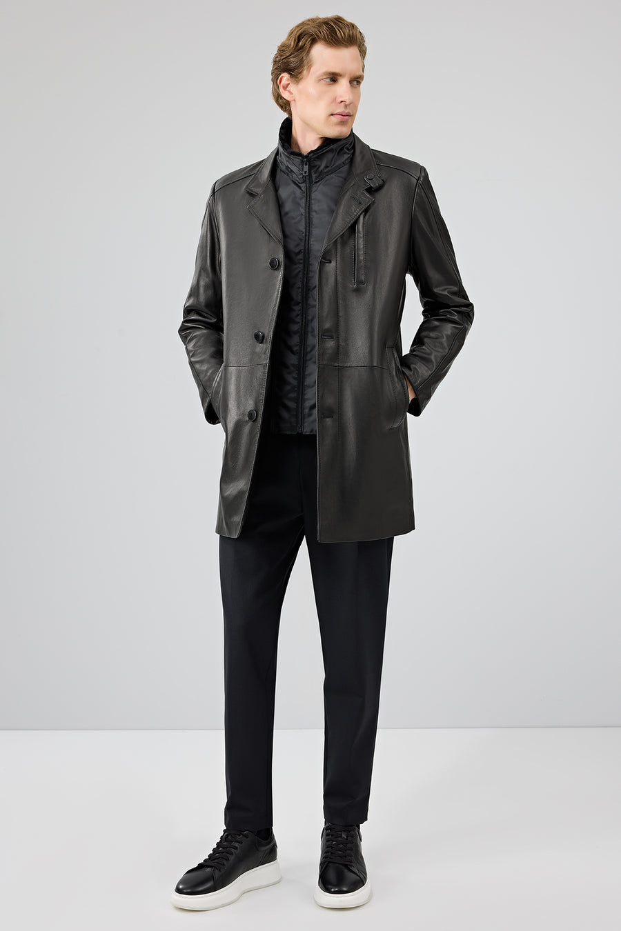 Barella Men's Black Collar Furry Leather Trench Coat