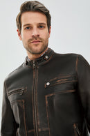 Jokic Brown Men's Vintage Slim-Fit Leather Jacket | Derimod