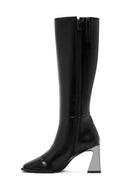 Women's Black Zippered High Heel Leather Boots | Derimod