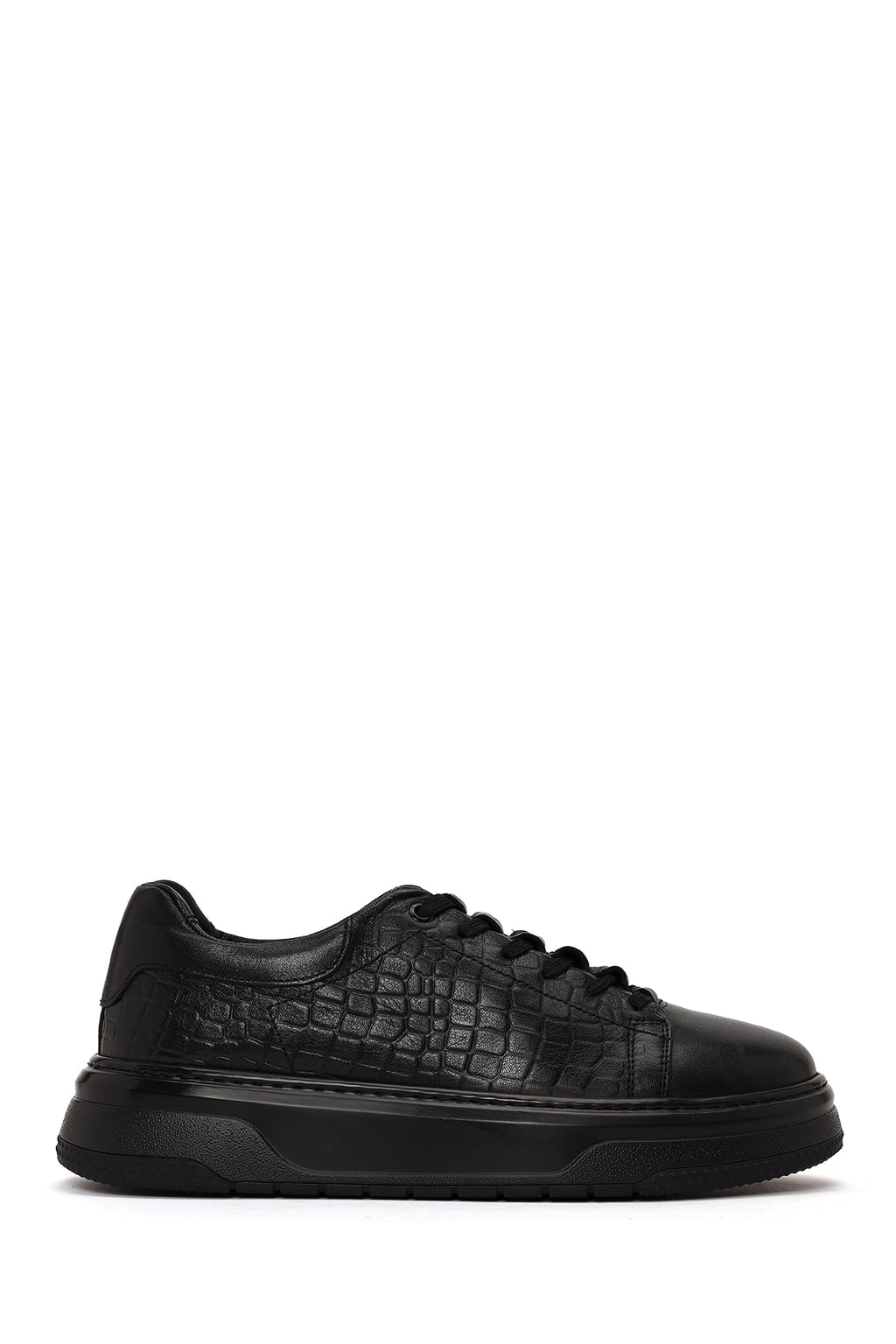 Erkek Siyah Bağcıklı Kalın Tabanlı Kroko Desenli Deri Sneaker