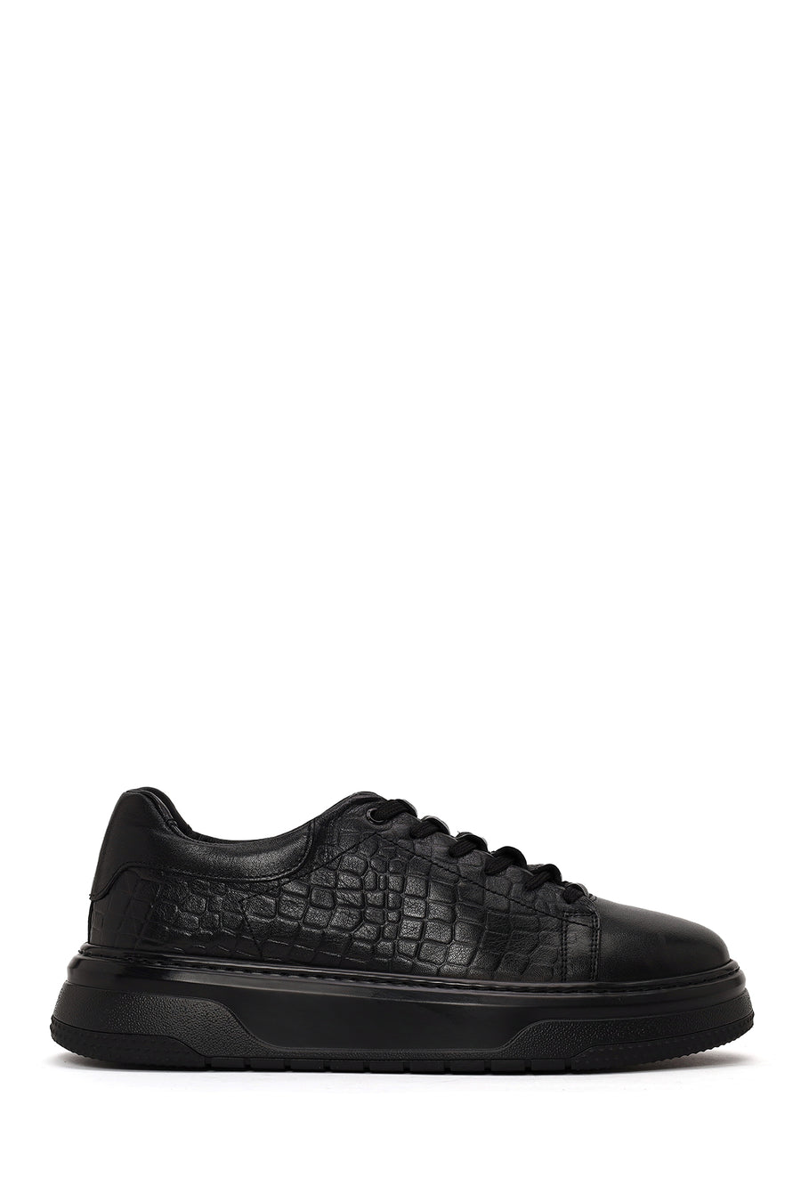 Erkek Siyah Bağcıklı Kalın Tabanlı Kroko Desenli Deri Sneaker WM78000811 | Derimod