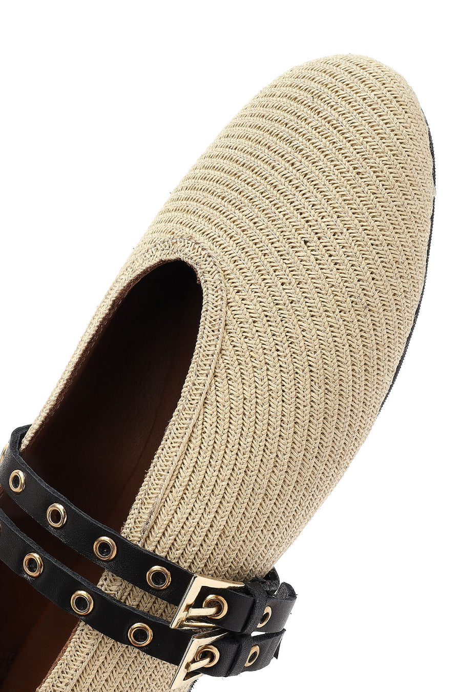 Women's Beige Double Buckled Straw Leather Ballerinas