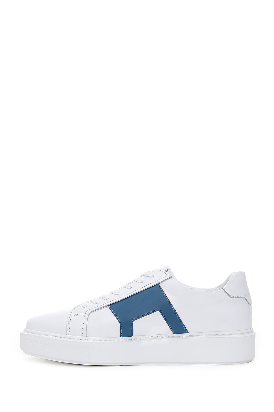 Men's White Blue Patterned Leather Thick Soled Sneaker
