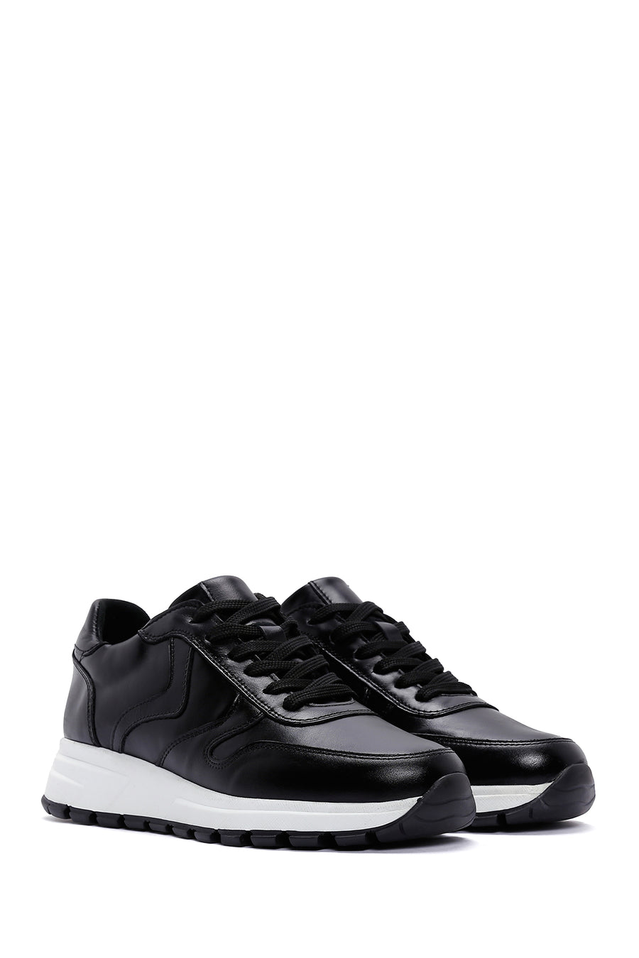 Women's Black Thick Soled Leather Sneaker