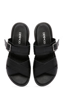 Women's Black Buckle Leather Slippers | Derimod