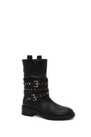 Woman Black Leather Biker Boots | Derimod