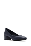 Women's Navy Blue Short Chunky Heeled Leather Shoes | Derimod