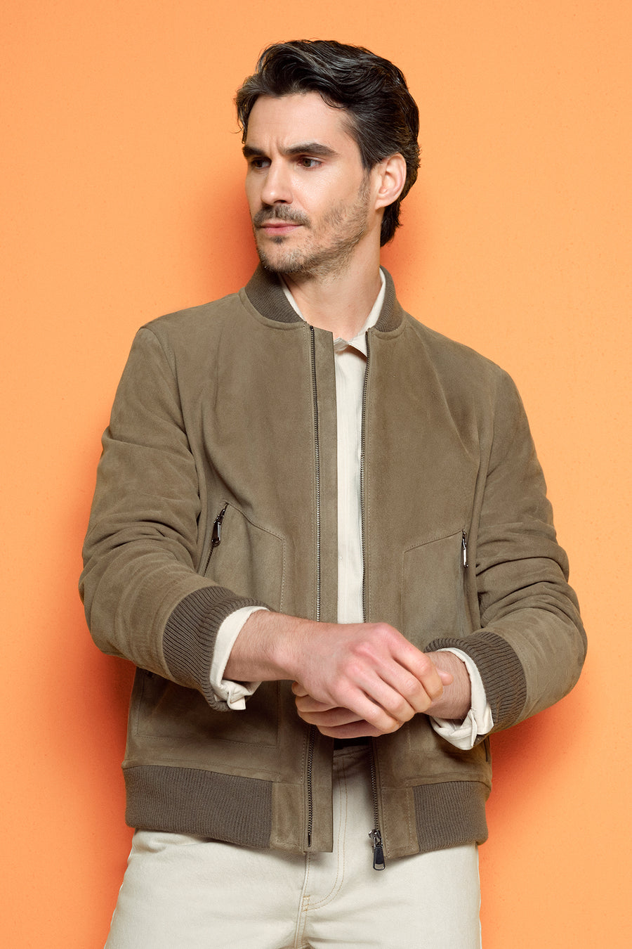 Foden Men's Green Zippered Knitted Suede Leather Jacket 25SGD657010 | Derimod