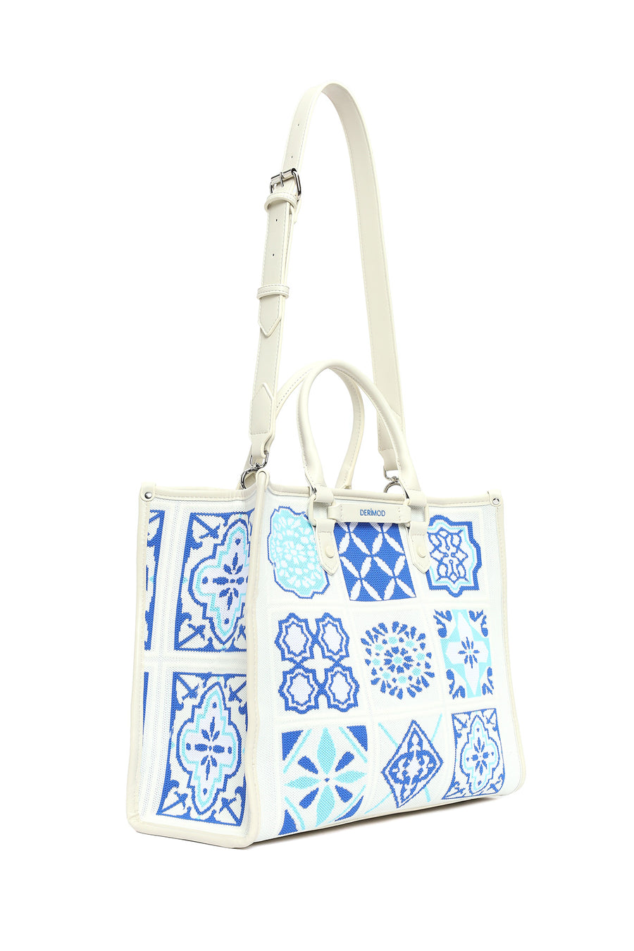 Woman Blue Long Strap Patterned Fabric Shoulder Bag