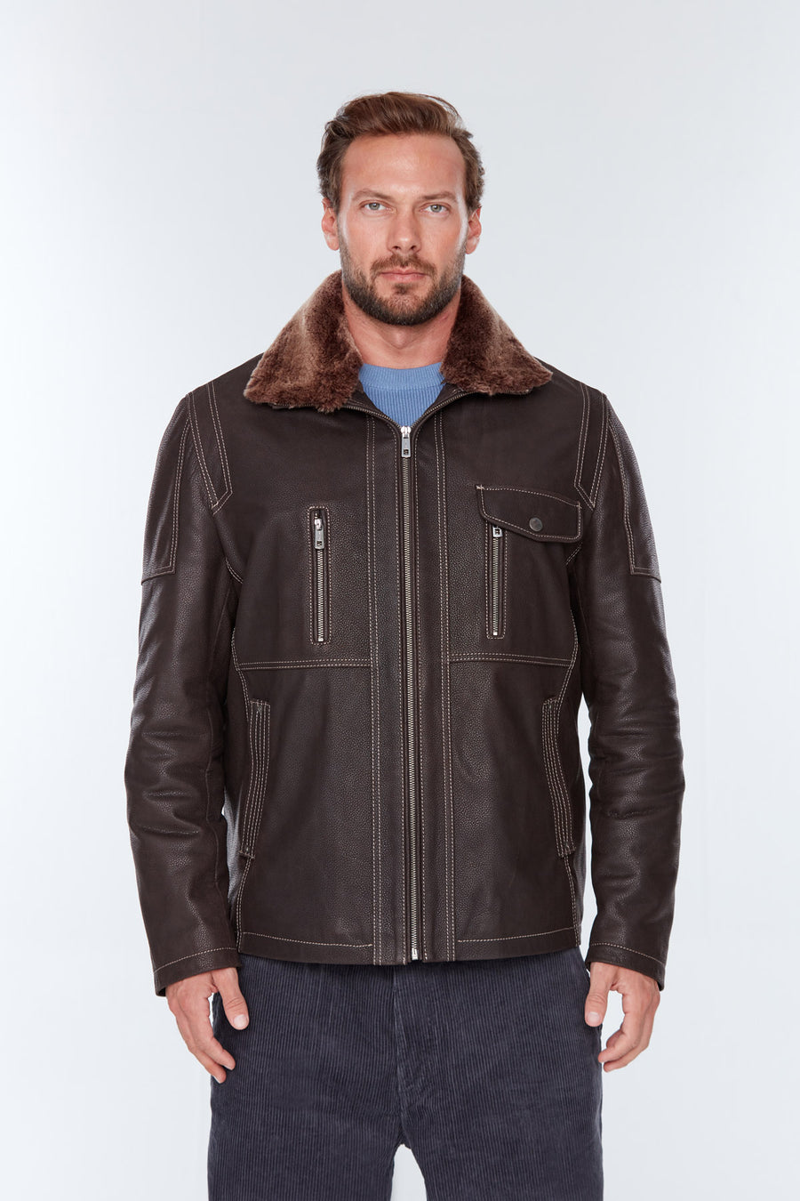 Angelo(Plus) Men's Brown Leather Jacket with Fur Collar