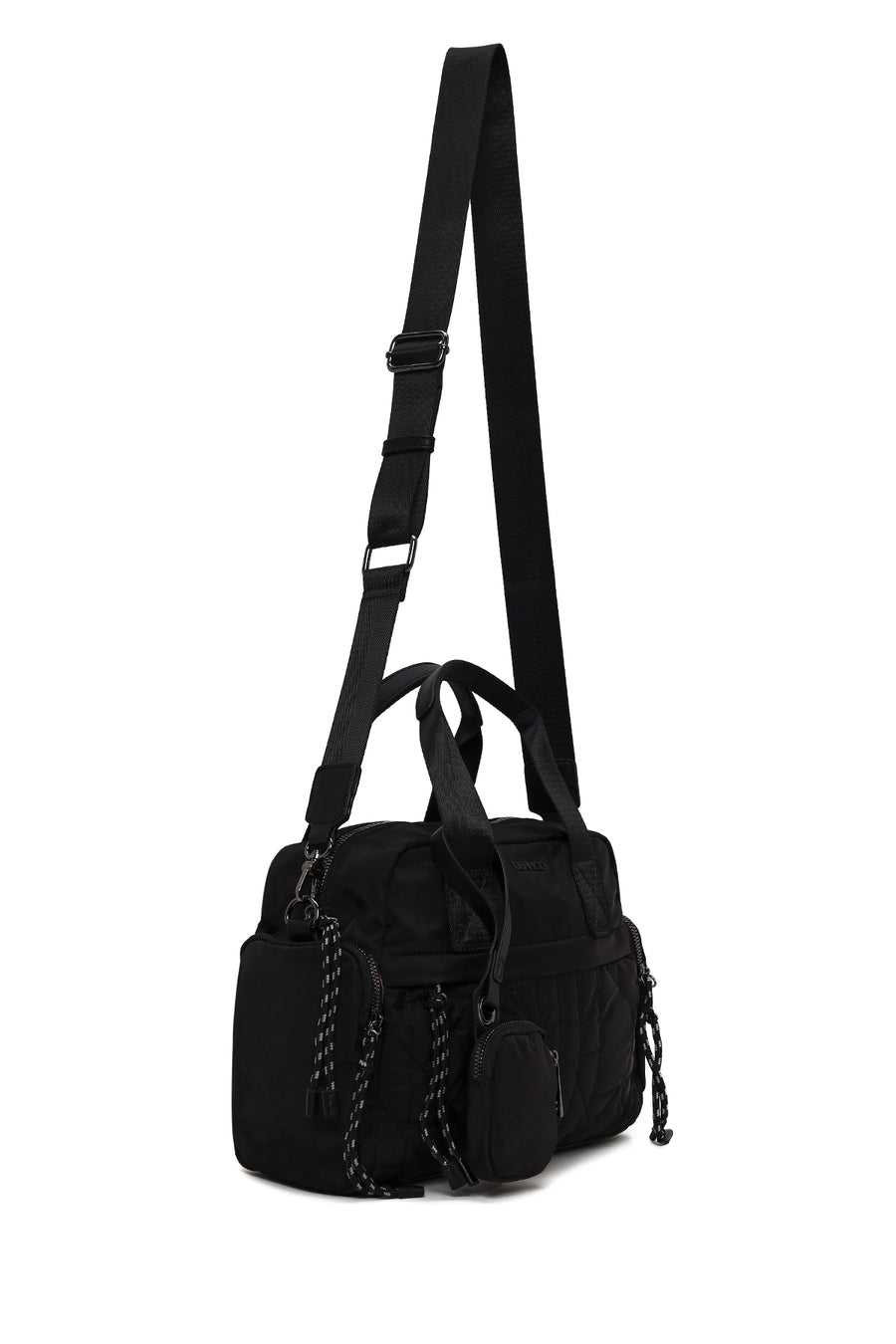 Woman Black Long-Strap Accessory-Detail Fabric Shoulder Bag