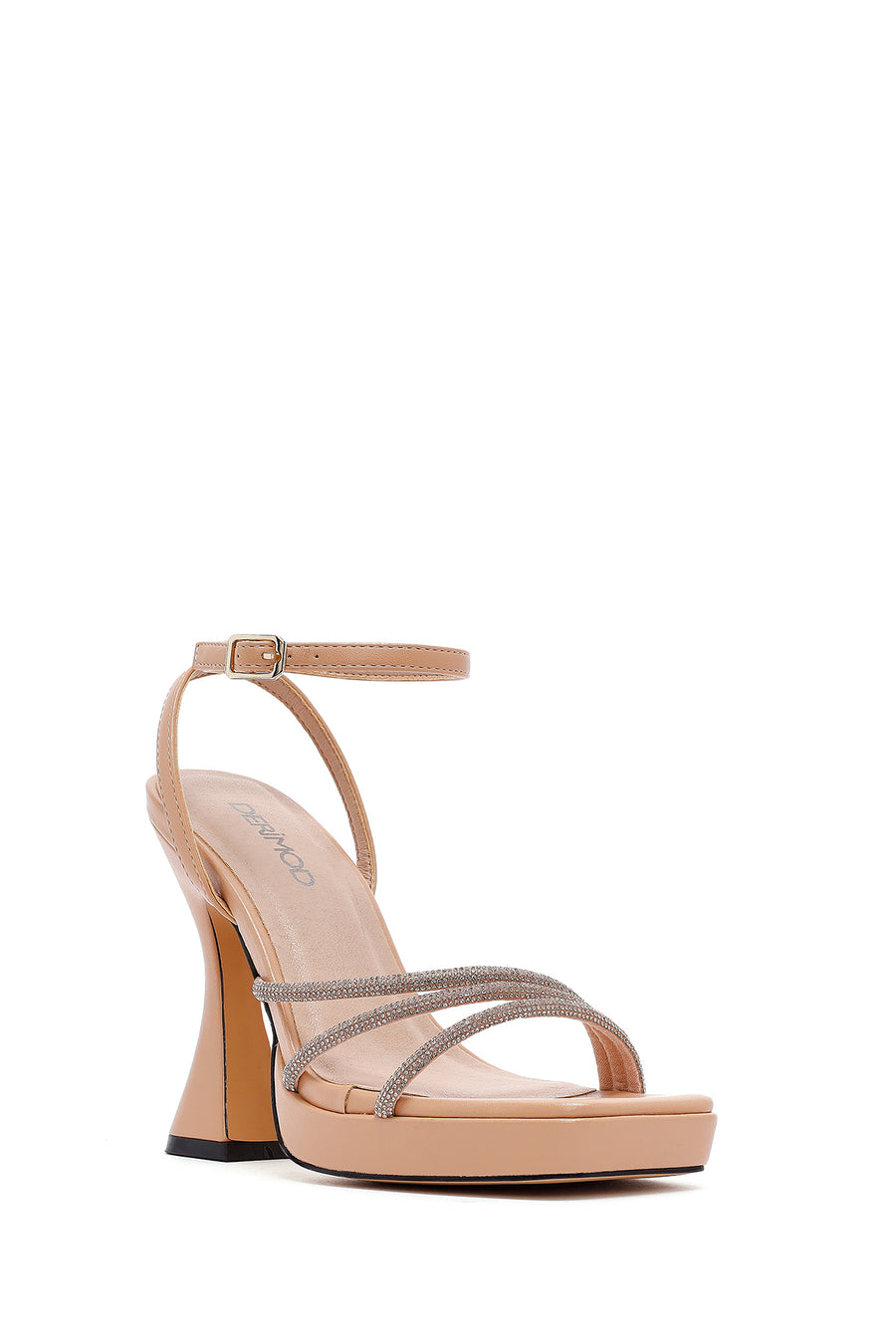 Women's Beige Ankle Strap Thick High Heel Evening Sandals