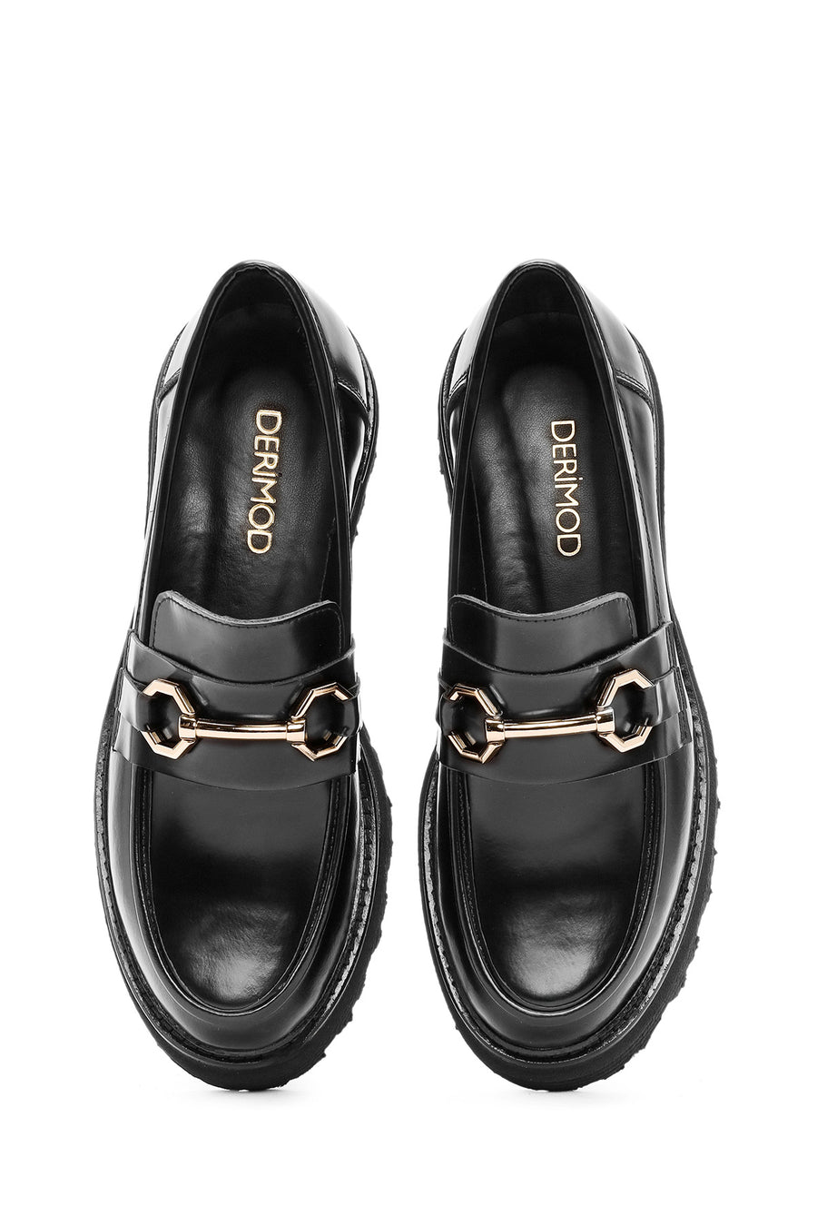 Kadın Siyah Tokalı Deri Maskülen Loafer
