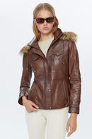 Vera Women's Brown Hooded Leather Coat | Derimod