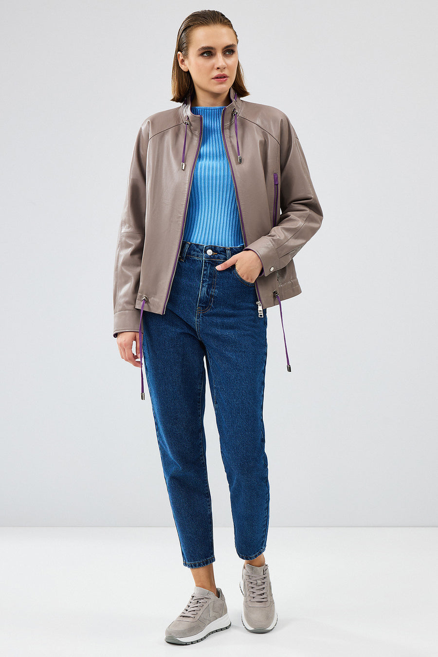 Terry Women's Grey Oversize Leather Jacket