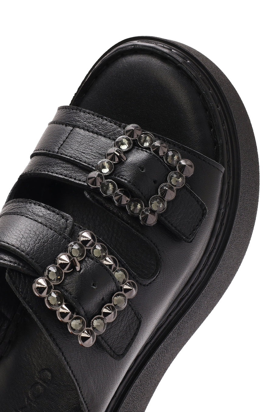 Women's Black Double Buckle Thick-Soled Leather Comfort Slippers