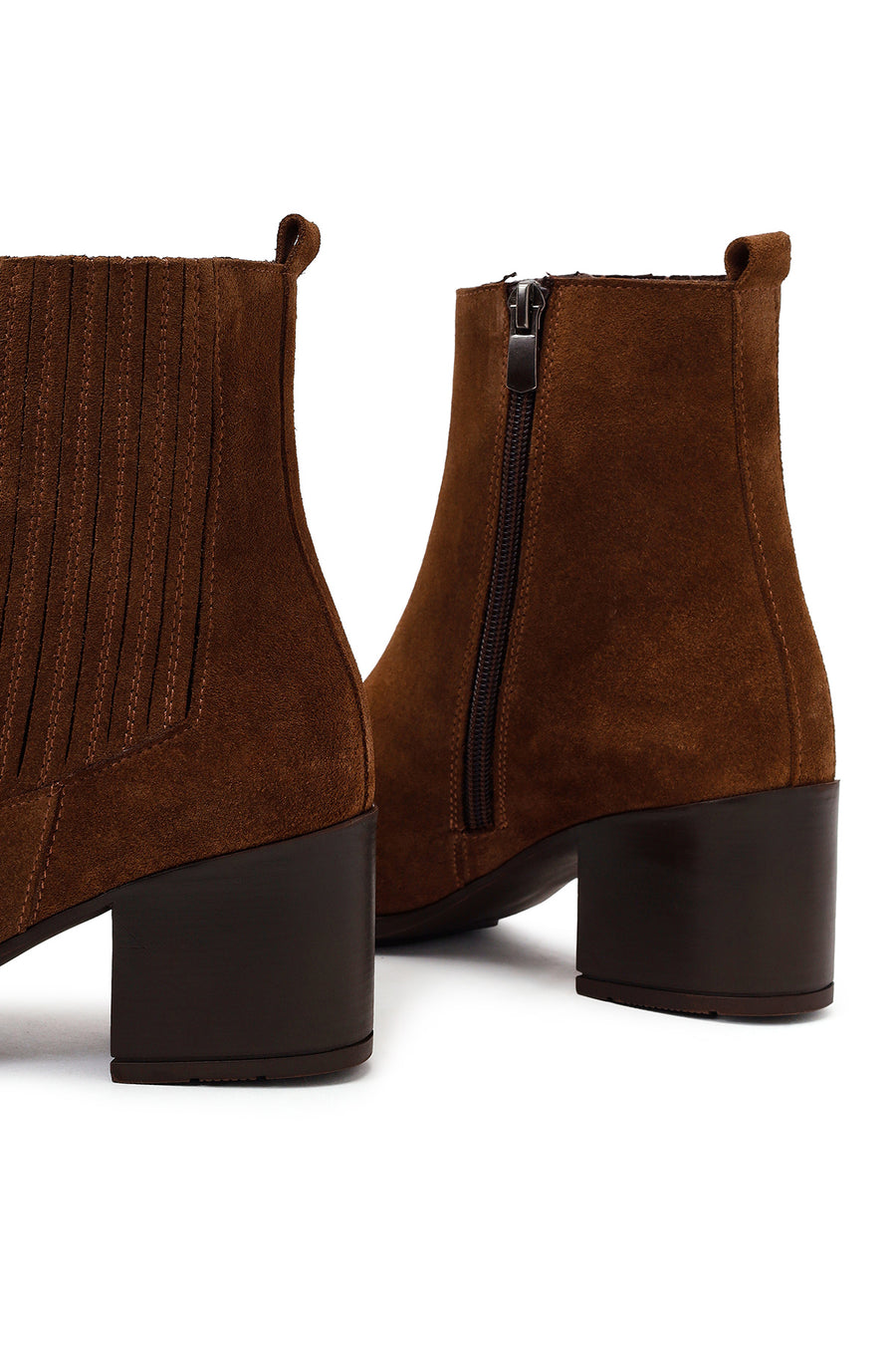 Woman Brown Zip Closure Chunky Heeled Suede Boots