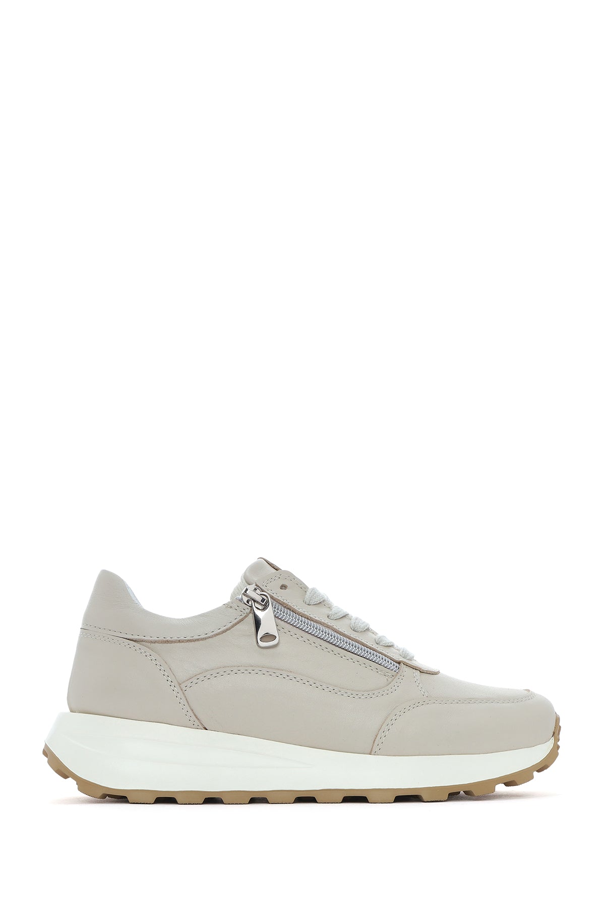 Kadın Bej Bağcıklı Yandan Fermuarlı Deri Sneaker 25SFD372118 | Derimod