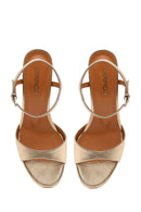 Women's Gold Ankle Buckle Thin Heel Metallic Leather Sandals | Derimod