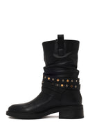 Woman Black Leather Biker Boots | Derimod