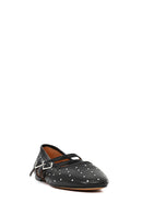 Woman Black Double-Buckle Embellished Leather Ballerine Shoes | Derimod