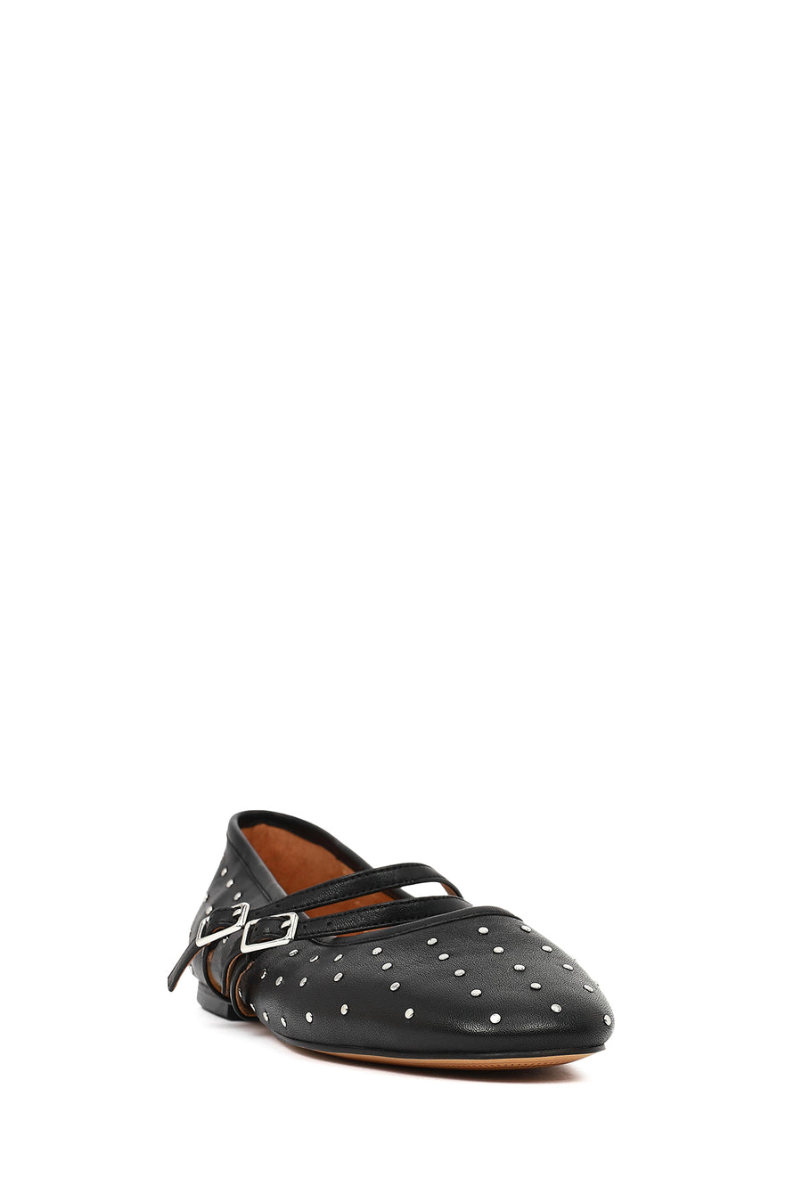 Woman Black Double-Buckle Embellished Leather Ballerine Shoes