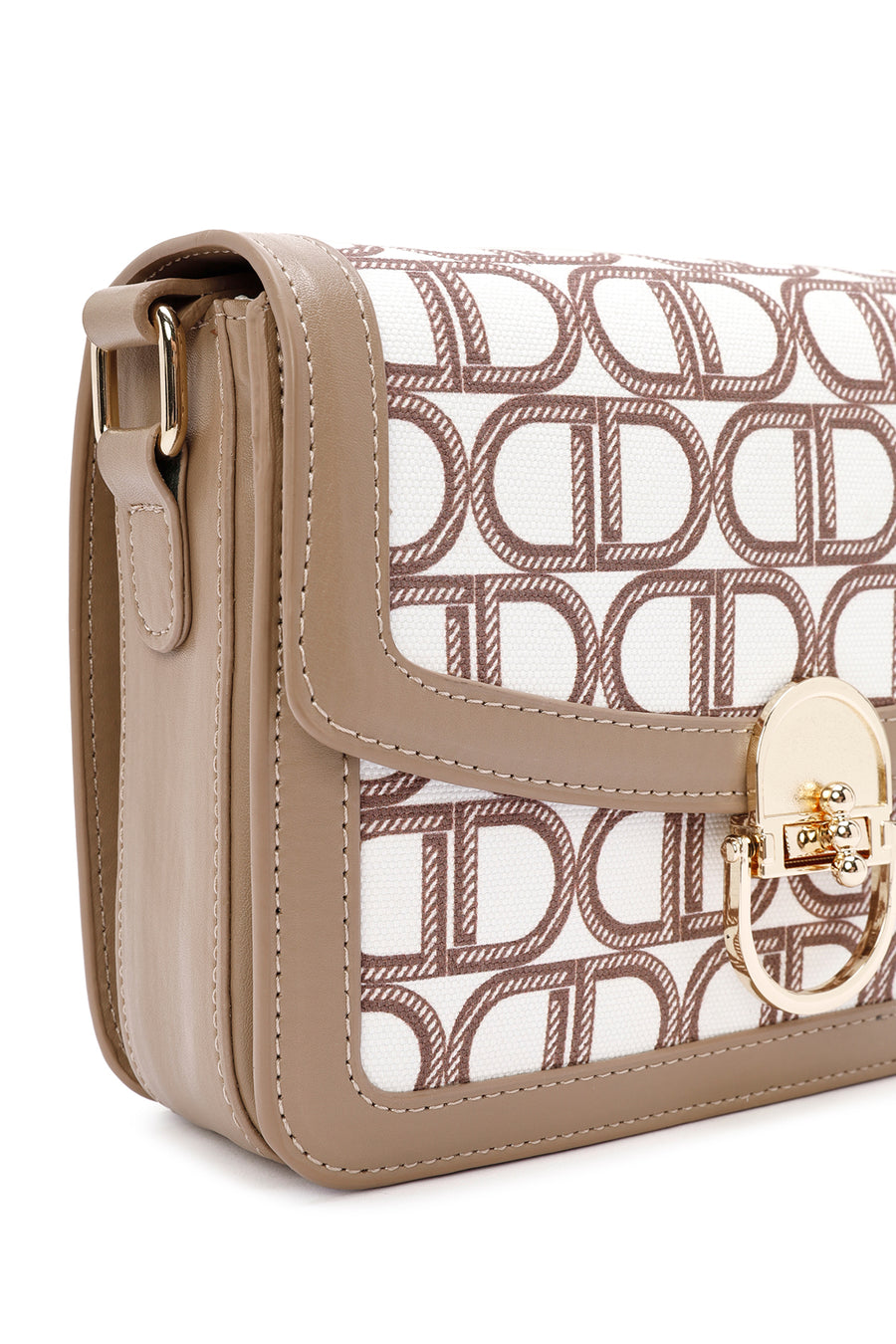 Women's Beige Long Strap Fabric Monogram Patterned Crossbody Bag