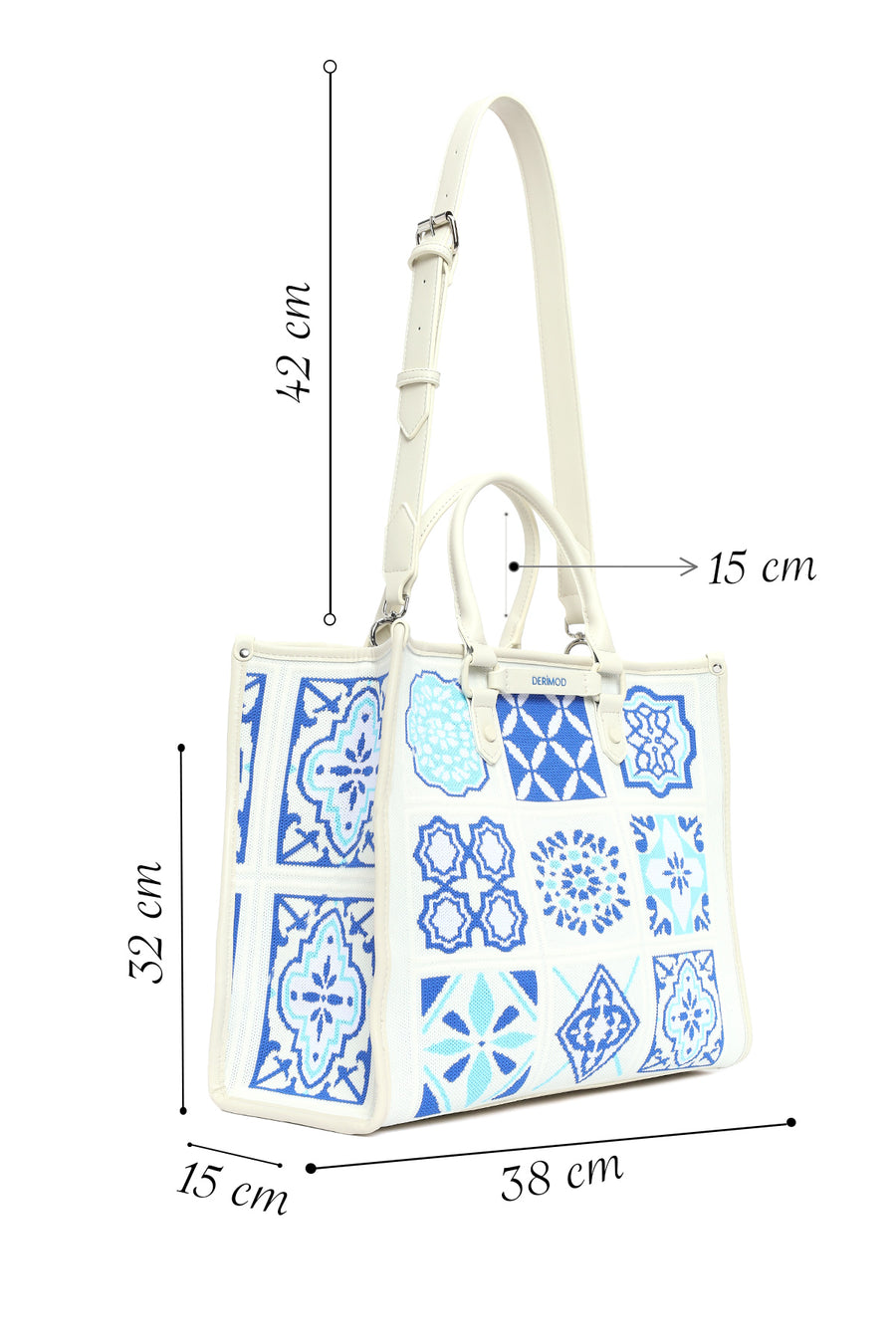 Woman Blue Long Strap Patterned Fabric Shoulder Bag