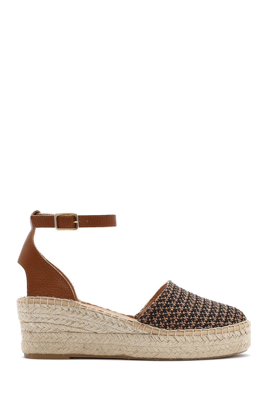 Women's Tan Ankle Buckle Wedge Heeled Straw Leather Espadrille Sandals 25SFD4574M7 | Derimod