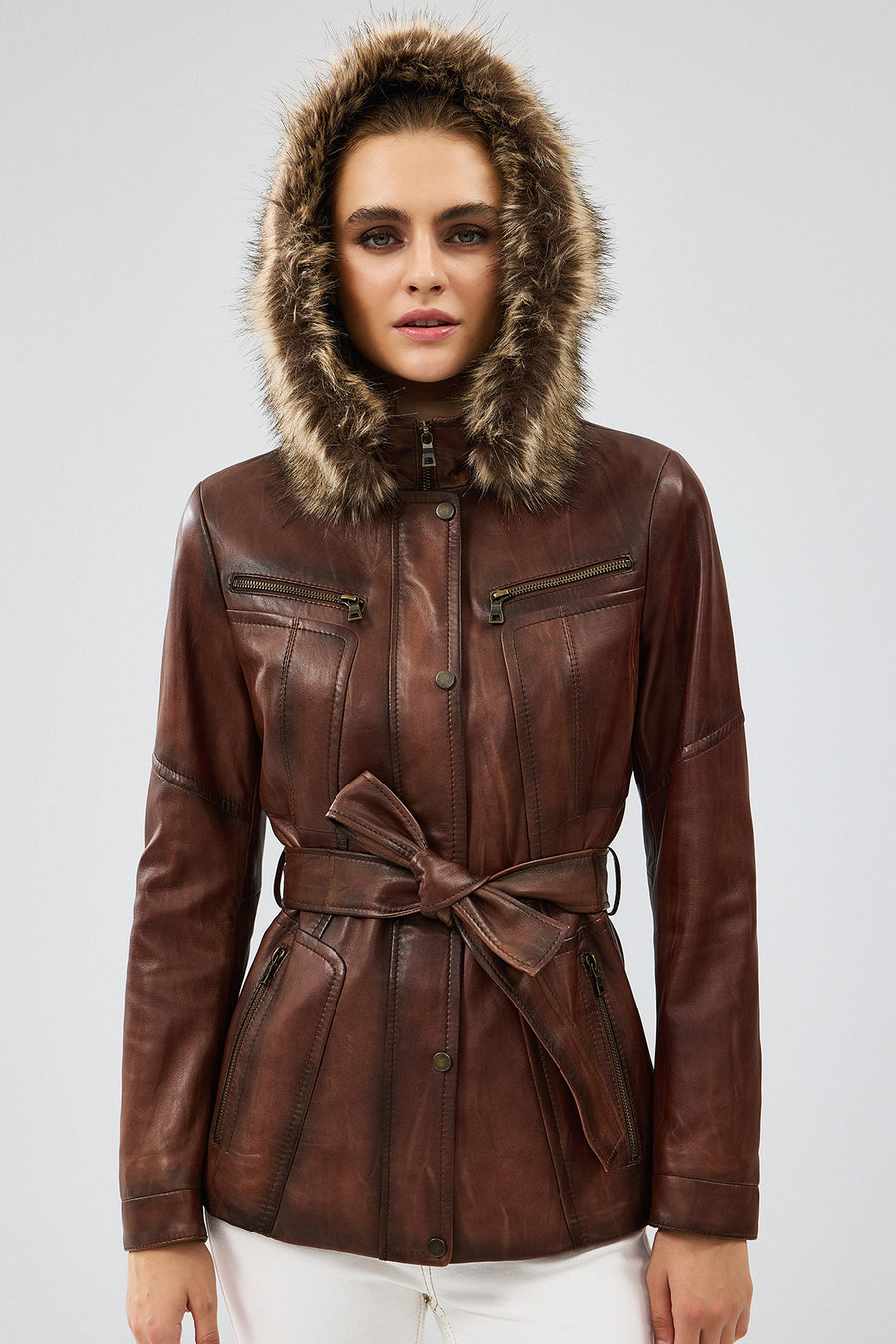 Rebecca Women's Brown Hooded Furry Leather Jacket