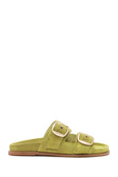 Women's Green Buckle Suede Leather Slippers | Derimod