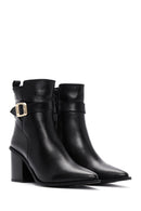 Women's Black Leather Heeled Buckle Boots | Derimod