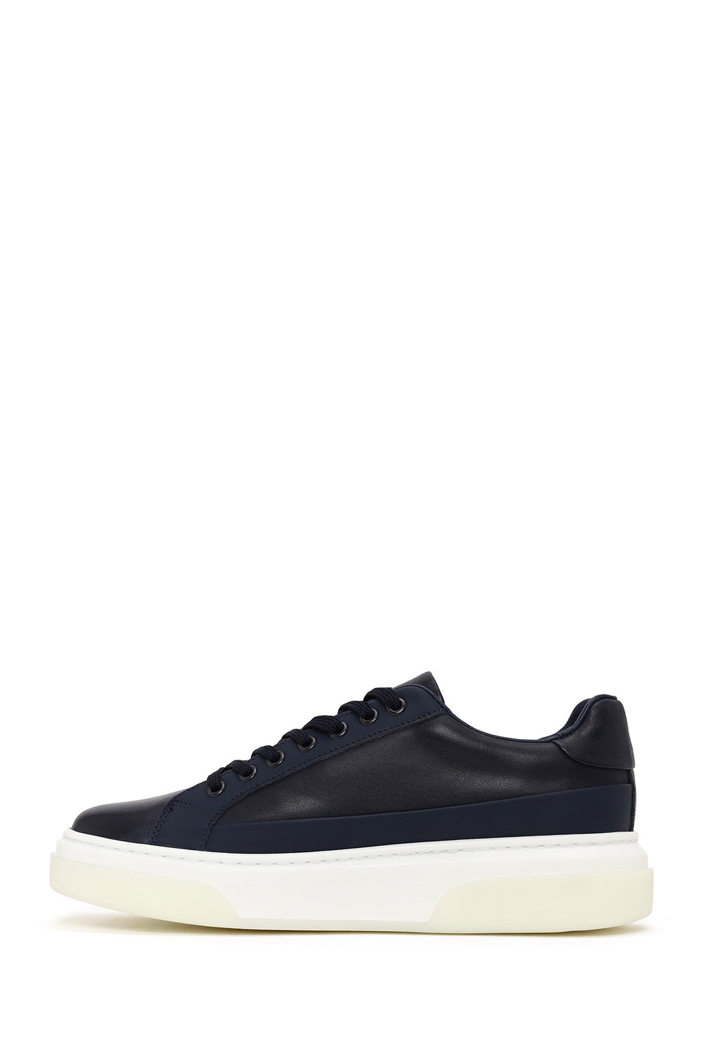 Erkek Lacivert Bağcıklı Kalın Tabanlı Deri Sneaker