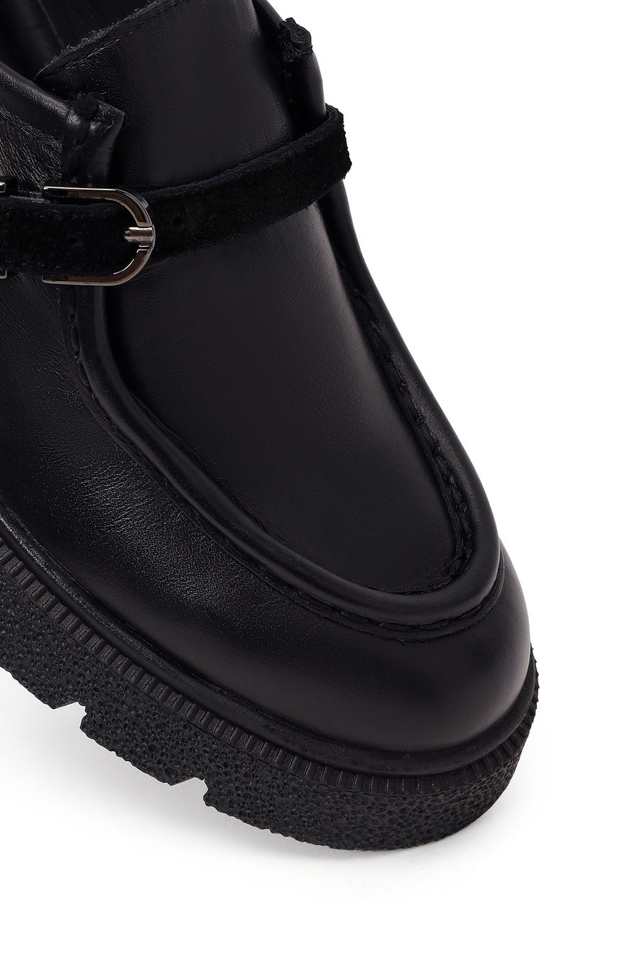 Kadın Siyah Tokalı Kalın Tabanlı Deri Maskülen Loafer