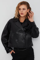 Tracy Women's Black Oversize Short Leather Coat | Derimod