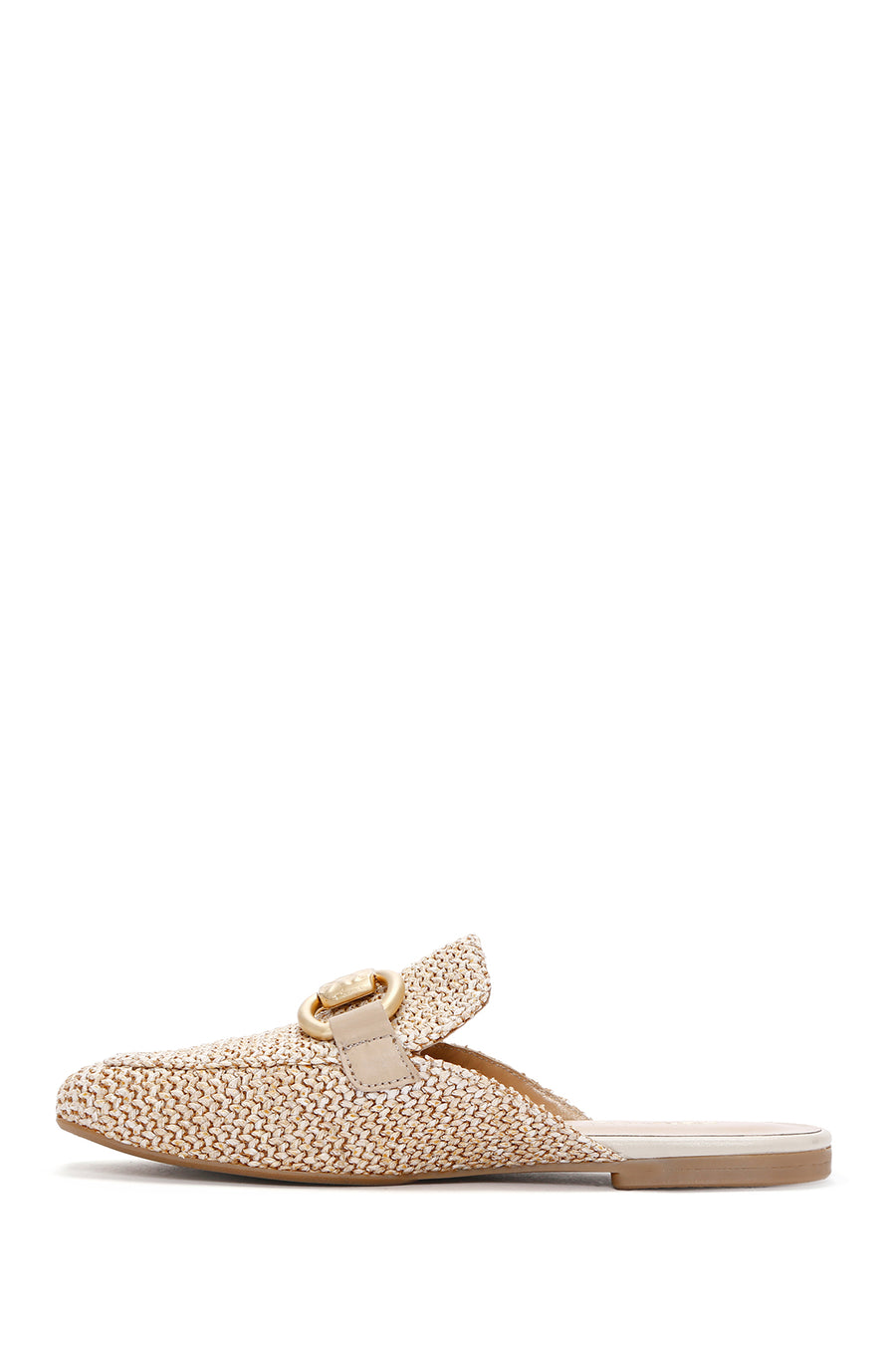 Women's Beige Buckle Detailed Straw Leather Slippers