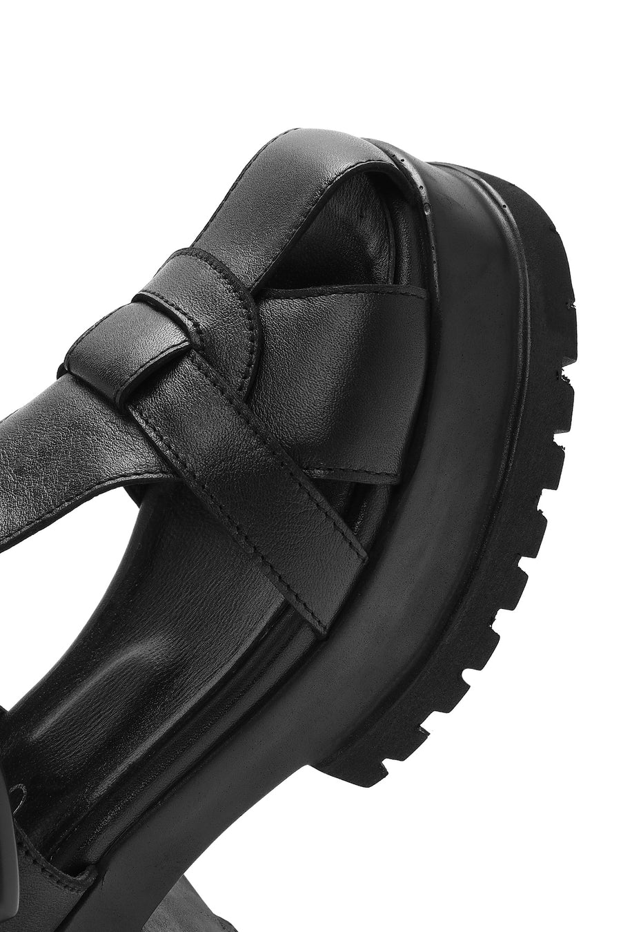 Women's Black Ankle Strap Thick-Sole Leather Sandals