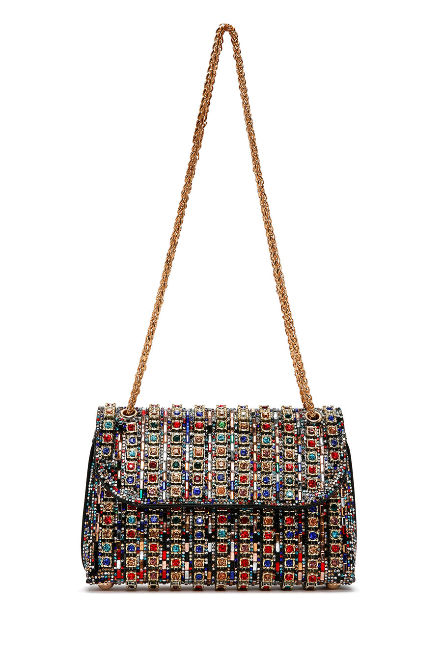 Woman Multicolored Long Chain Strap Rhinestone Evening Shoulder Bag