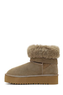 Women's Beige Thick-Soled Fur Detailed Suede Leather Teddy Boot | Derimod