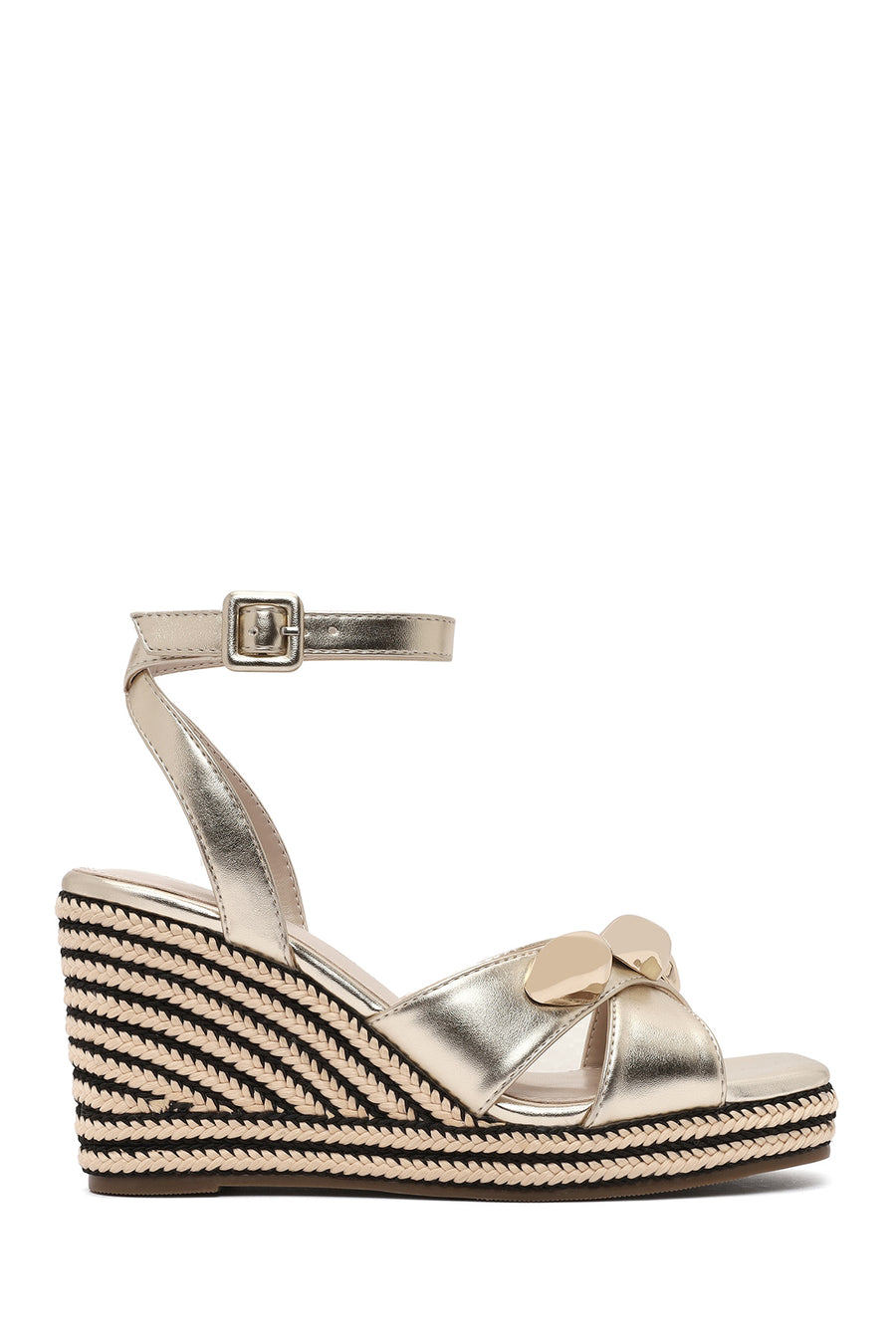Women's Gold Ankle Buckle Wedge Heel Metallic Espadrille Sandals 25SFE482432 | Derimod