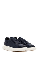Men's Navy Blue Lace-Up Thick-Soled Leather Sneakers | Derimod