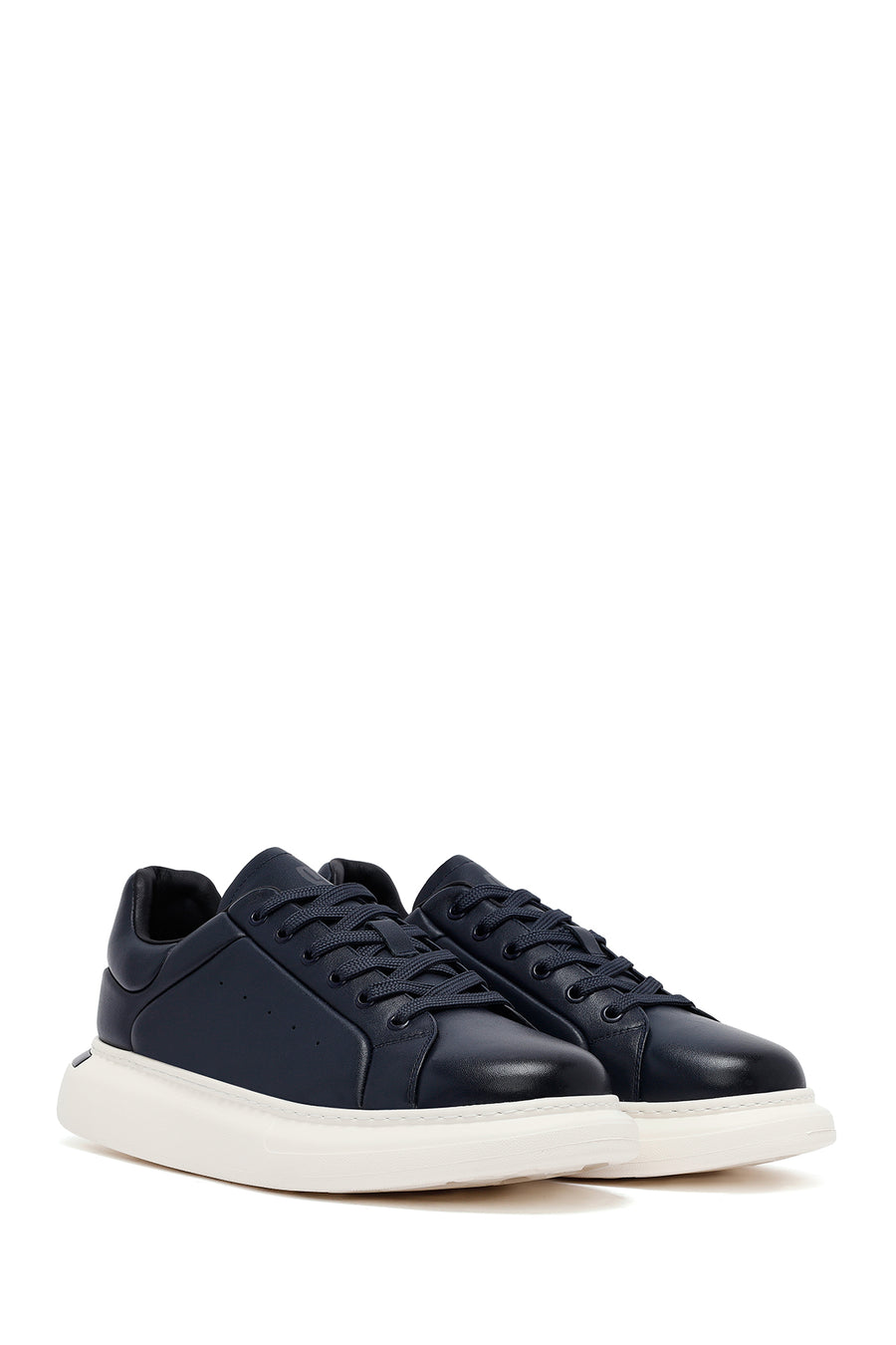 Men's Navy Blue Lace-Up Thick-Soled Leather Sneakers