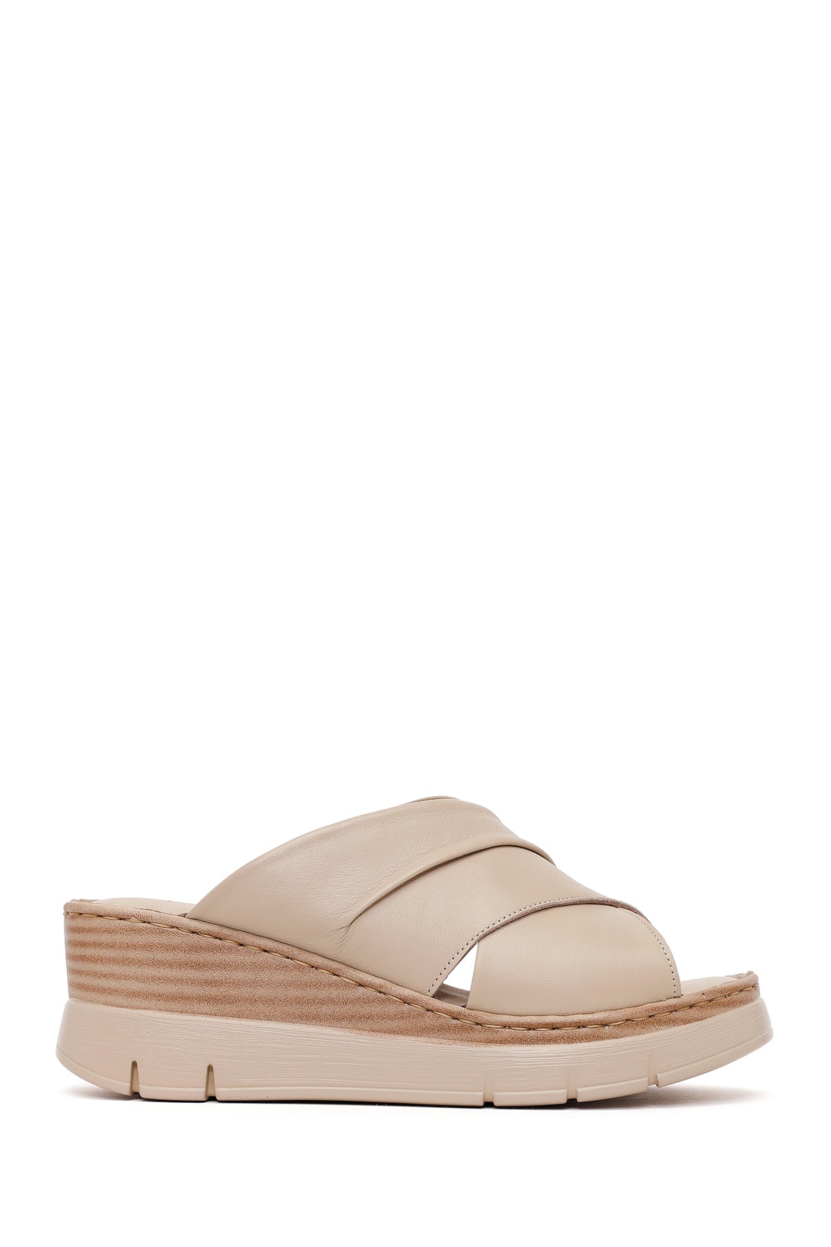 Woman Cream Wedge Heel Leather Comfort Slippers 26SFD342118 | Derimod