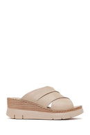 Woman Cream Wedge Heel Leather Comfort Slippers | Derimod